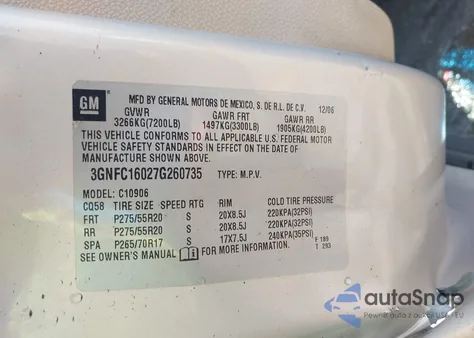 2007 Chevrolet Suburban 1500 Ltz from USA, damaged, VIN 3GNFC16027G260735